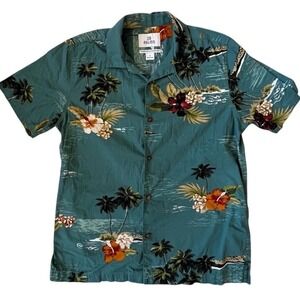 28 Palms Mens Tropical Hawaiian Shirt Teal Blue Hibiscus Palm Tree Cotton Med